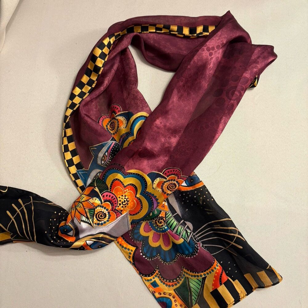 Laurel Burch Silk Scarf Cat Face Floral Art Black Gold Boho Square Scarf - Picture 3 of 3